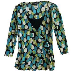Elementz 2000s Y2K Blue Green Black Polka‎ Dot Abstract Print Wrap Top Sz S